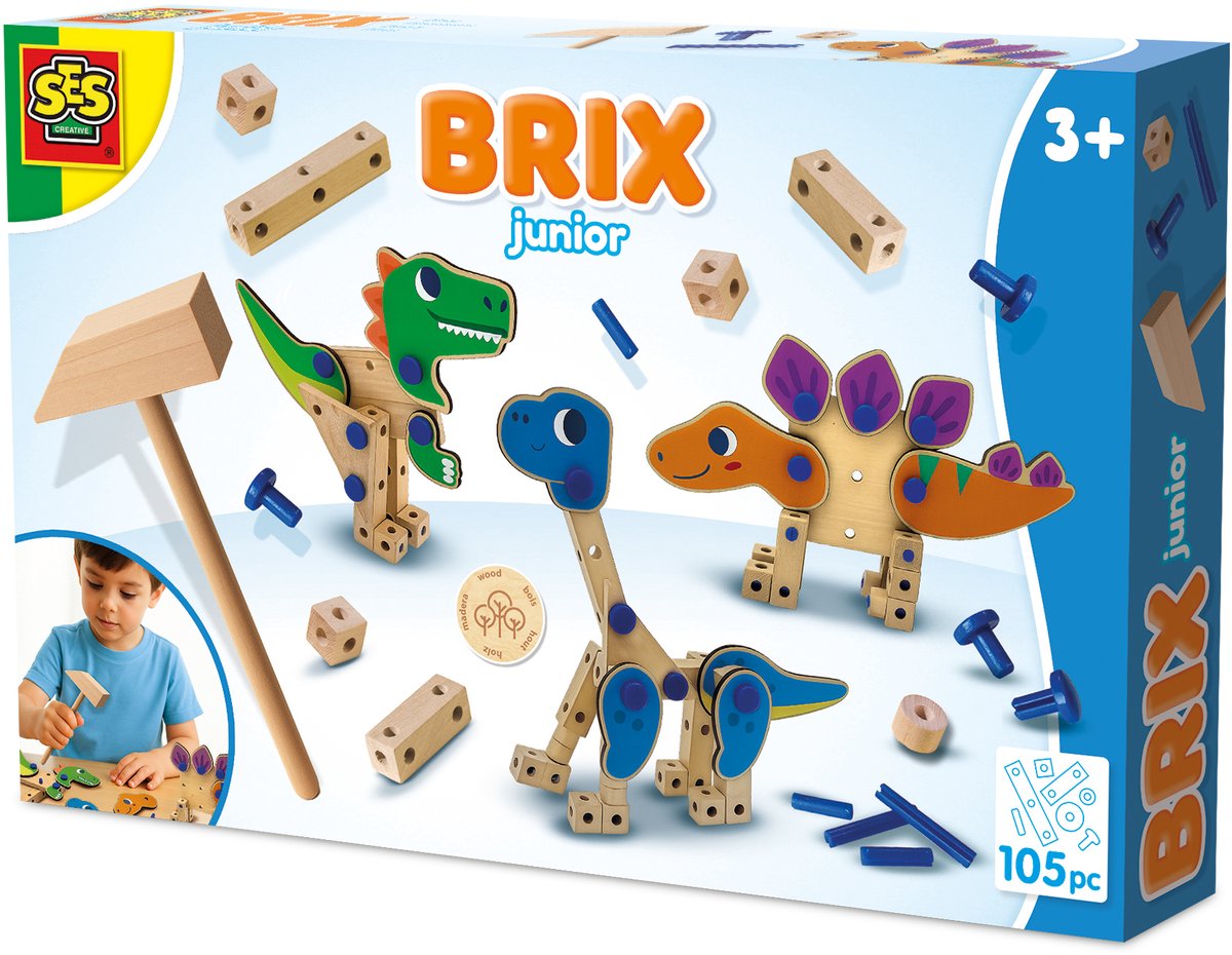 Ses creative - brix junior - dinosaures - kit de construction dinosaure - kit de bricolage en bois - jouets en bois - jouets montessori - différentes formes de bois avec broches de connexion - fabriqué en Hollande - à partir de 3 ans