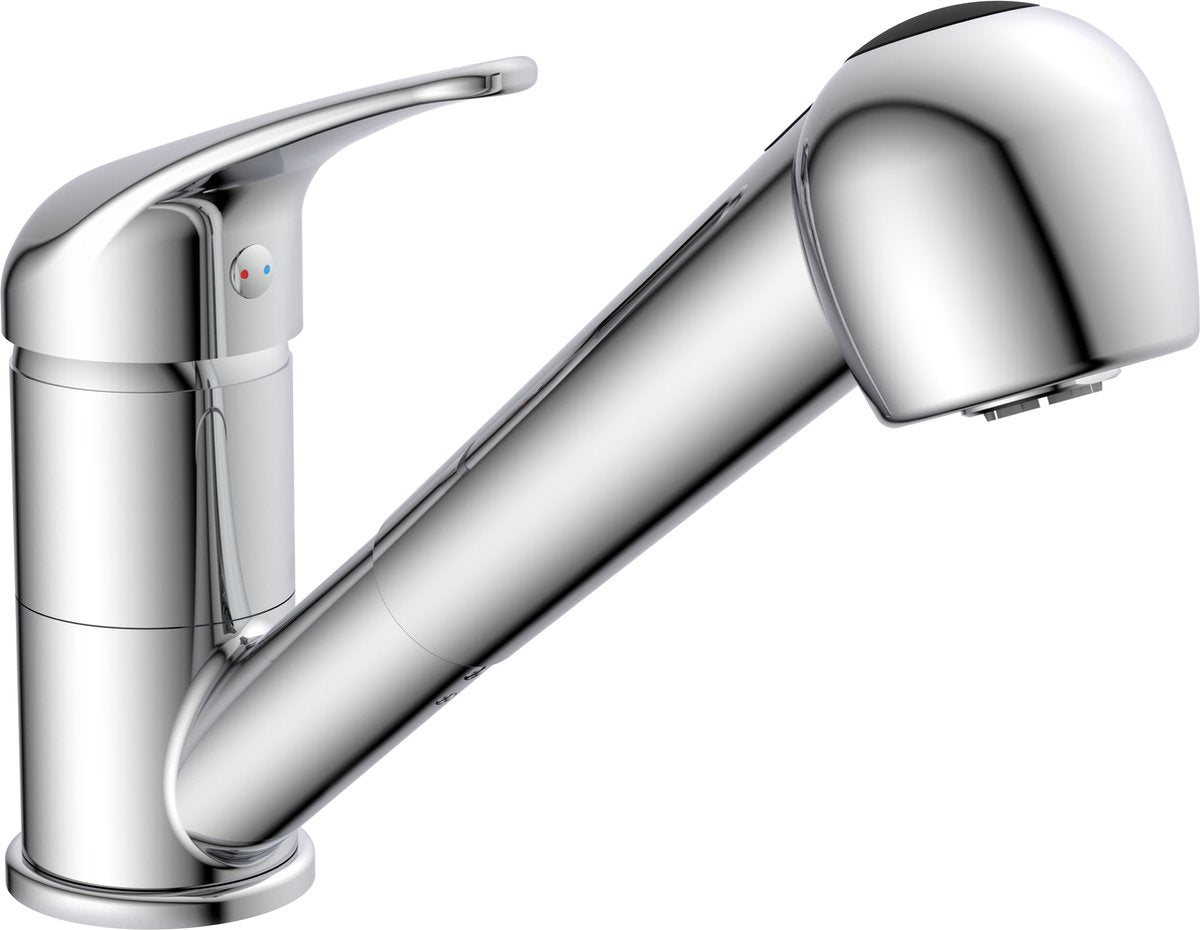 Robinet de cuisine Schütte ultra pour chauffe-eau avec bec libre - basse pression - mitigeur - bec bas et orientable - douchette extractible - 2 positions - chromé