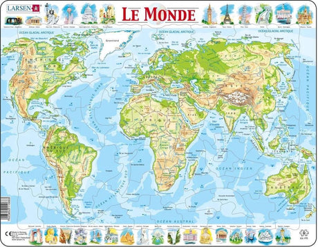 Larsen carte topographique du monde – puzzle – monde – géographie physique – puzzle éducatif pour enfants – 80 pièces – fabriqué en norvège – pièces extra épaisses de 2.5 mm – plateau avec plaque fixe