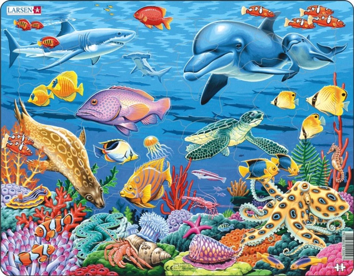 Récif corallien de Larsen – puzzle – animaux – océan – puzzle éducatif pour enfants – 35 pièces – fabriqué en Norvège – pièces extra épaisses de 2,5 mm – plateau avec bord fixe