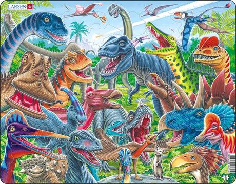 Larsen Happy Dinosaurs - Puzzle - Animaux - Préhistoire - Puzzle éducatif pour enfants - 43 pièces - Fabriqué en Norvège - Pièces extra épaisses de 2,5 mm - Plateau avec bord fixe