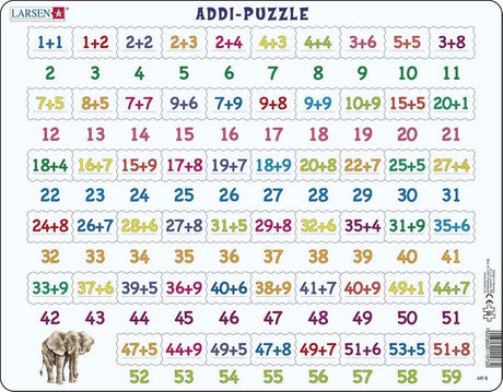 Larsen addition - puzzle - apprendre à compter - addition - puzzle éducatif pour enfants - 58 pièces - fabriqué en Norvège - pièces extra épaisses de 2,5 mm - plateau avec bord fixe