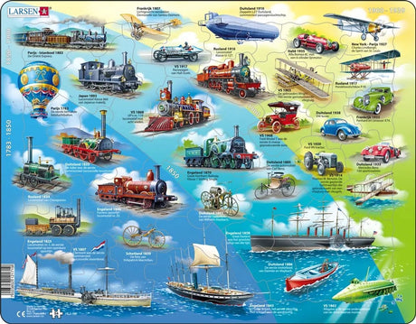 Véhicules historiques Larsen – Puzzle – Technologie des véhicules – Véhicules historiques – Puzzle éducatif pour enfants – 54 pièces – Fabriqué en Norvège – Pièces extra épaisses de 2,5 mm – Plateau avec bord fixe
