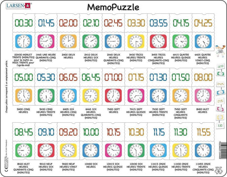 Larsen apprendre l'heure – puzzle mémo – montre – lecture de l'heure – puzzle éducatif pour enfants – 54 pièces – fabriqué en norvège – pièces extra épaisses de 2.5 mm – plateau avec bord fixe