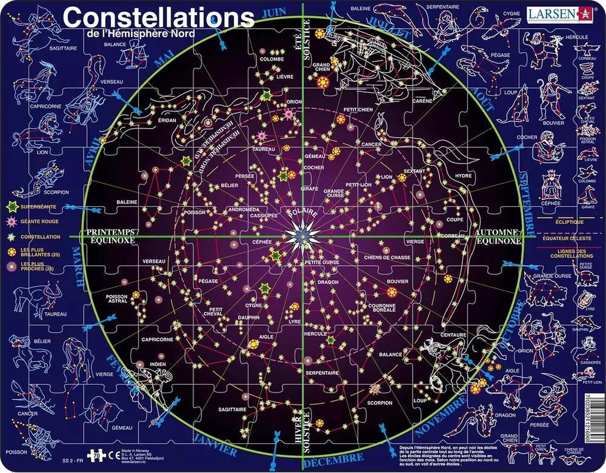 Constellations Larsen – puzzle – espace – étoiles et constellations – puzzle éducatif pour enfants – 70 pièces – fabriqué en norvège – pièces extra épaisses de 2.5 mm – plateau avec plaque fixe