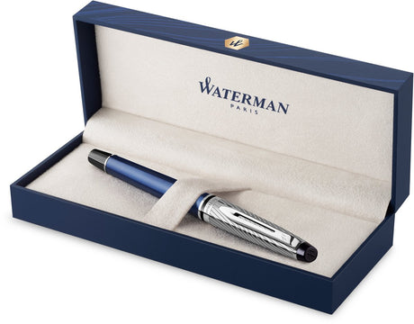 Waterman expert deluxe, stylo plume, laque métallisée et bleue avec détail palladié, plume fine avec palladium