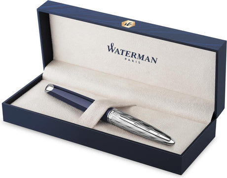 Stylo plume Waterman Carène | peinture bleu métal avec détail palladium | capuchon ciselé | Plume moyenne en or 18 carats