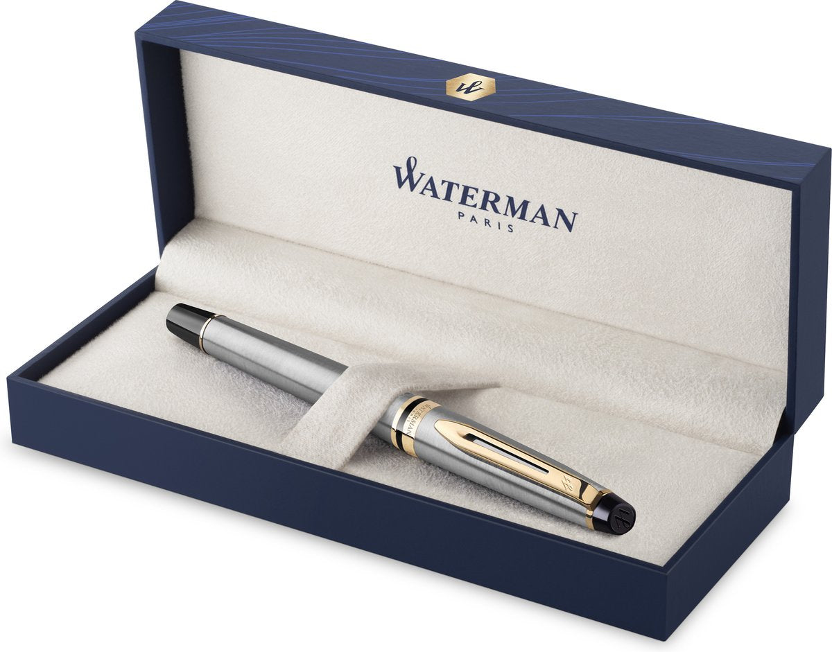 Stylo plume expert Waterman | acier inoxydable avec garniture en or 23 carats | point moyen | emballage cadeau