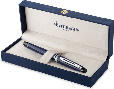 Stylo plume Waterman expert, laque bleue avec détails palladium, plume moyenne en acier inoxydable, encre bleue, coffret cadeau