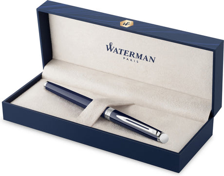 Stylo roller Waterman hémisphère, laque bleue avec détails palladiés, pointe fine, encre noire, coffret cadeau