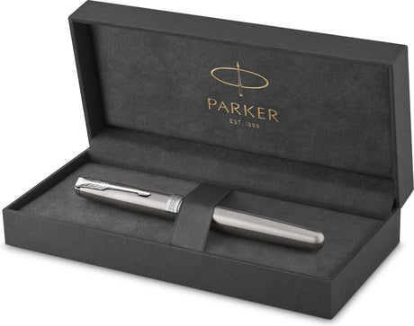 Stylo roller Parker Sonnet | acier inoxydable avec garniture en palladium | encre noire à pointe fine | avec coffret cadeau