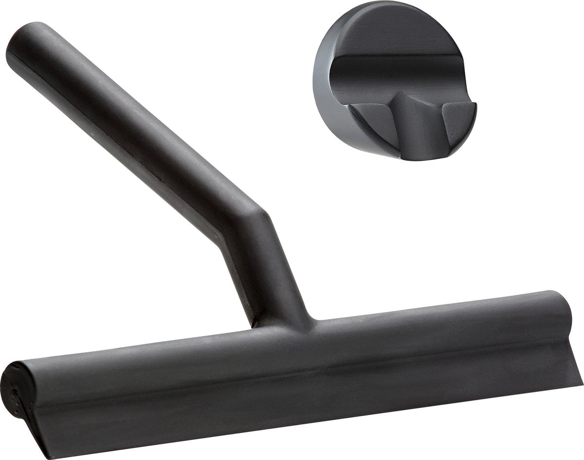 Zone Denmark Solo Raclette de douche - Raclette de douche avec support - Crochet de suspension autocollant - Raclette de douche en silicone - Accessoire de salle de bain - Design antirouille - Noir - 21 x 17 x 3,5 cm