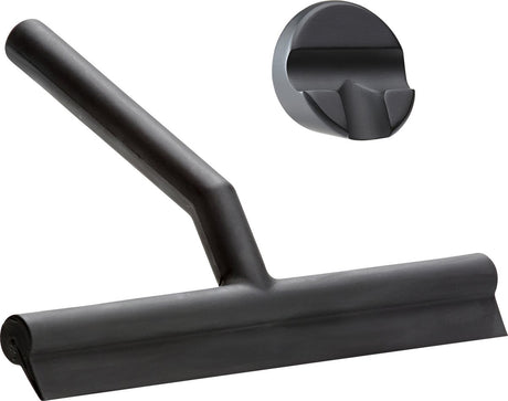 Zone Denmark Solo Raclette de douche - Raclette de douche avec support - Crochet de suspension autocollant - Raclette de douche en silicone - Accessoire de salle de bain - Design antirouille - Noir - 21 x 17 x 3,5 cm