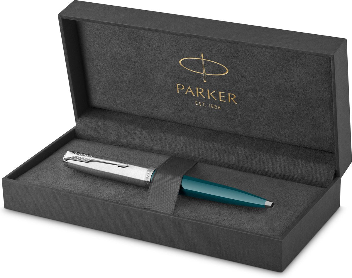 Stylo à bille Parker 51 | boîtier vert-bleu avec finition chromée | pointe moyenne avec recharge d'encre noire | emballage cadeau