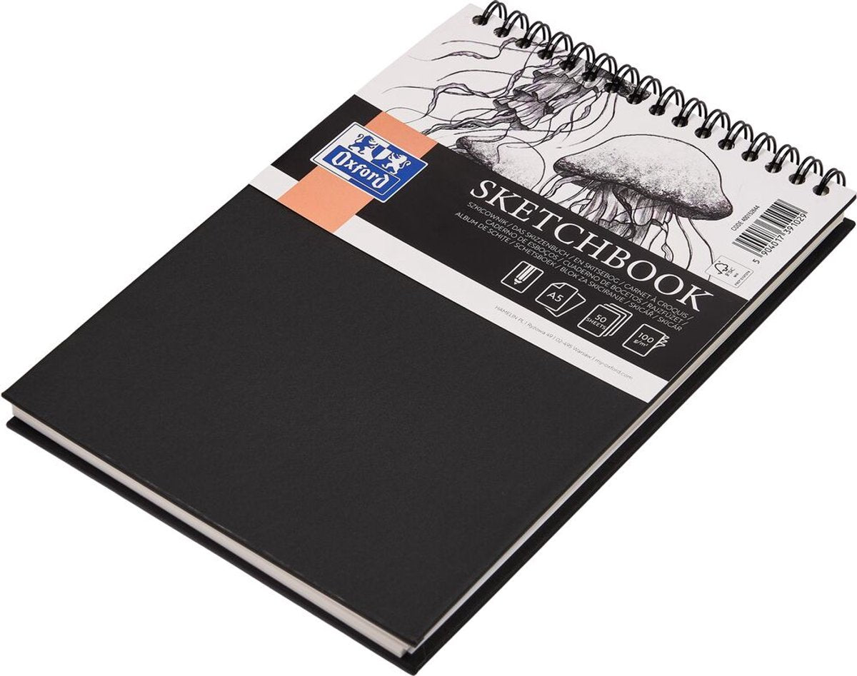 Carnet de croquis Oxford - a5 - 50 feuilles - papier 100g - double spirale - couverture rigide - noir