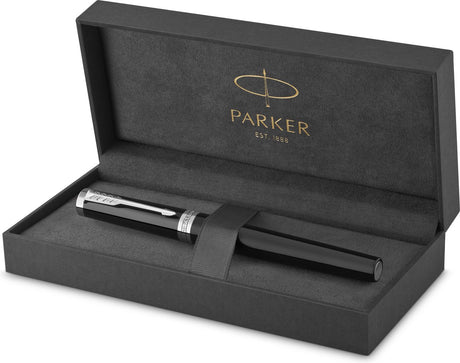 Stylo plume Parker Ingenuity | collection de base | noir avec finition chromée | point moyen | encre noire | coffret cadeau