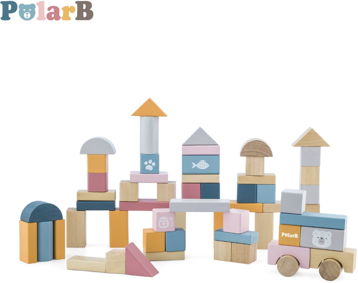 Jeu de blocs en bois Polarb 60 pièces – jouets éducatifs – 7 couleurs 8 formes