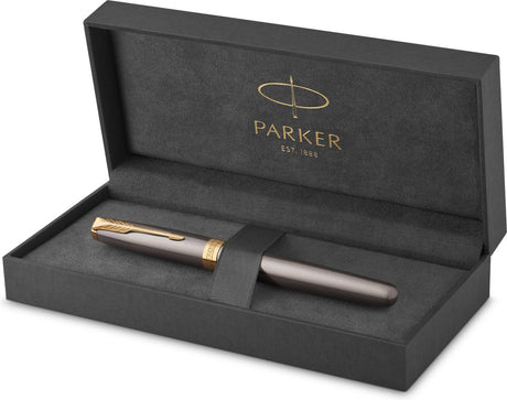 Stylo plume Parker Sonnet | peinture grise avec détails dorés | plume moyenne en acier inoxydable avec revêtement doré | encre bleue | emballage cadeau