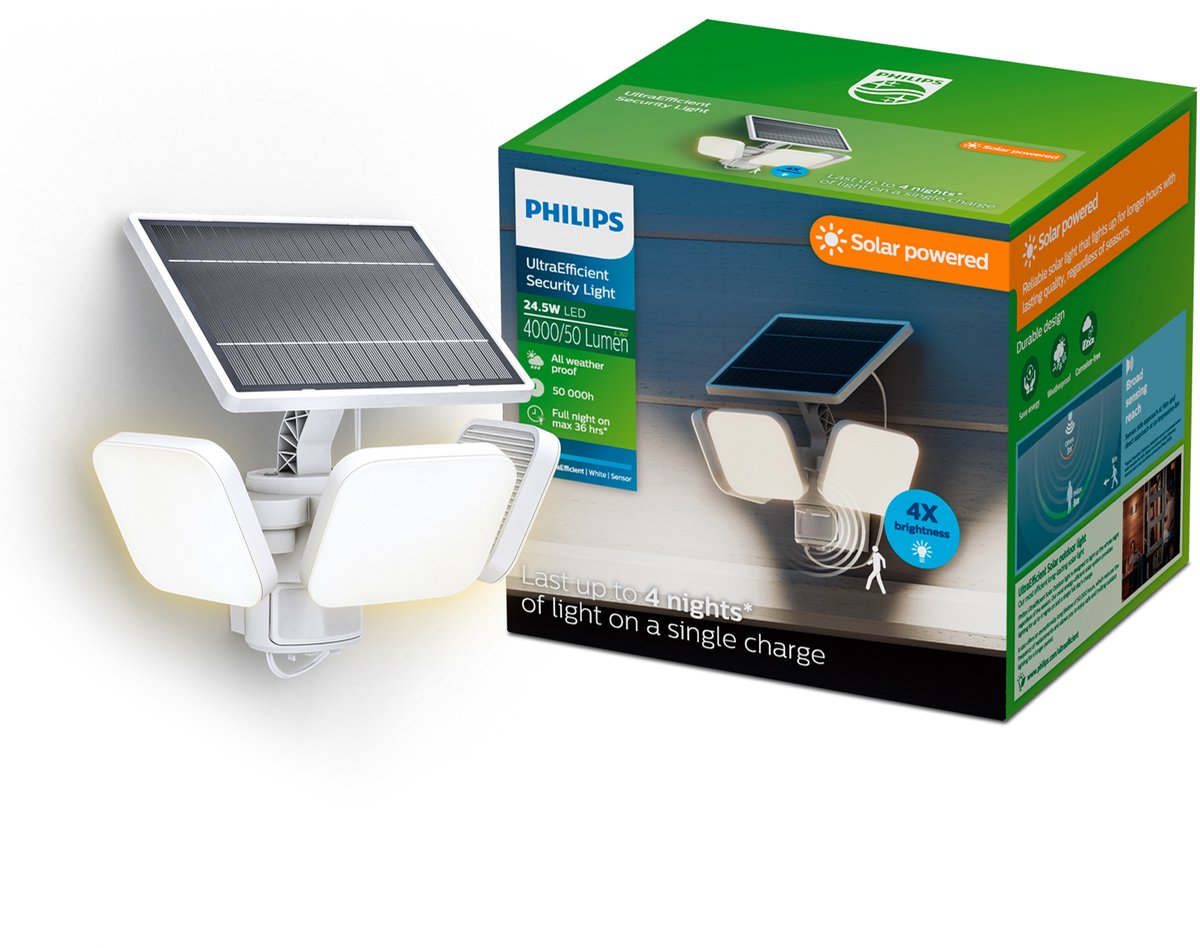 Philips led philips ultraefficient zyren wandlamp - solar beveiligingslamp - floodlight - bewegingssensor - helder wit licht: 5000k - 24,5w - wit - twee lichtstanden - schemersensor - zonne-energie - waterbestendig