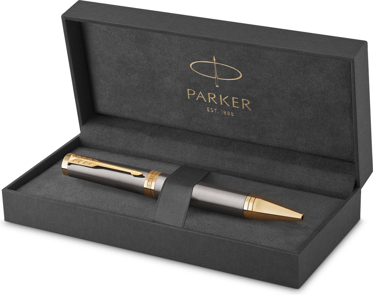 Stylo à bille Parker Ingenuity | peinture grise avec détails dorés | point moyen | encre bleue | emballage cadeau