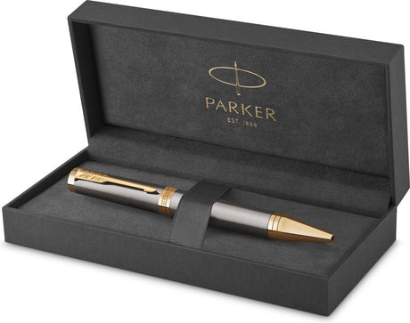 Stylo à bille Parker Ingenuity | peinture grise avec détails dorés | point moyen | encre bleue | emballage cadeau