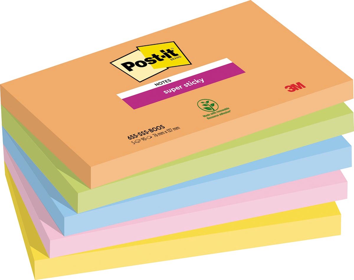 Les notes super collantes Post-it boostent | 90 feuilles | pi 76 x 127 mm | couleurs assorties | paquet de 5 blocs