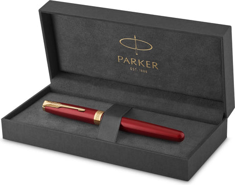 Stylo plume Parker Sonnet | laqué rouge avec garniture dorée | point moyen | emballage cadeau
