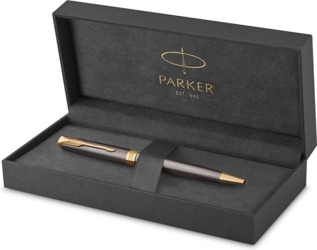Stylo à bille Parker Sonnet | peinture grise avec détails dorés | point moyen | encre bleue | emballage cadeau