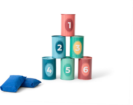 Bs Toys peut lancer un jeu de lancer - animaux et chiffres - lancer de poufs - jouets pour enfants à partir de 3 ans - jouets d'extérieur - 6 canettes colorées - cadeau pour enfant