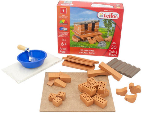Coffret de construction Teifoc ® - Jeu de construction poulailler - 30 pièces - Véritables mini briques avec ciment, bol et truelle - Kit de construction pour enfants à partir de 6 ans