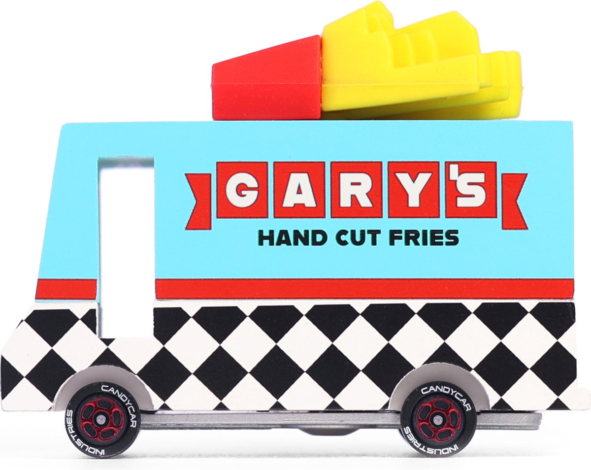 Candylab Toys Candycar Vans : fourgon à frites (F311) 8,4 x 4,1 x 6,5 cm, moulé sous pression en bois, dans une boîte cadeau, 3+