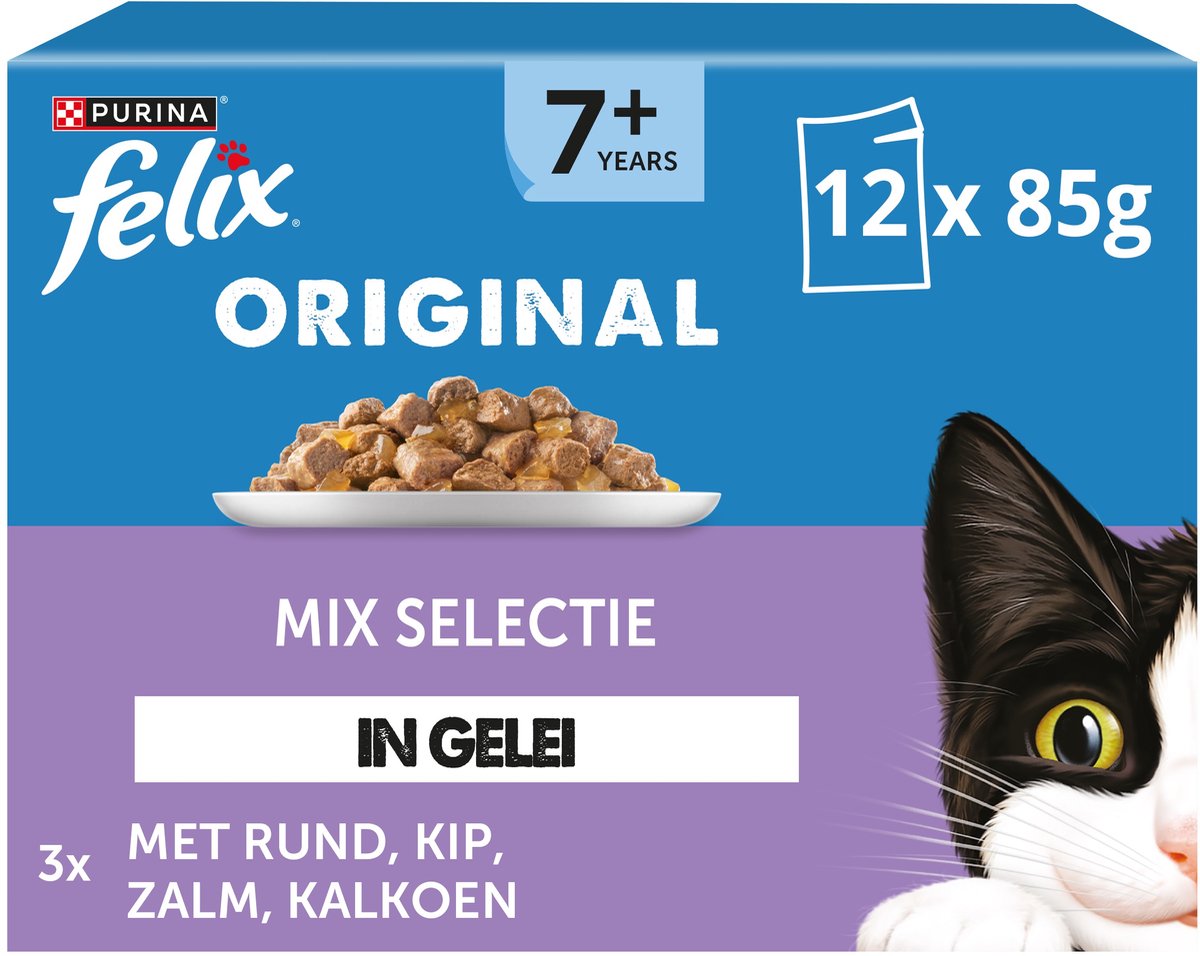 Felix original in jelly 7+ senior mix selection - nourriture humide pour chats - bœuf poulet dinde saumon - 48 x 85 g