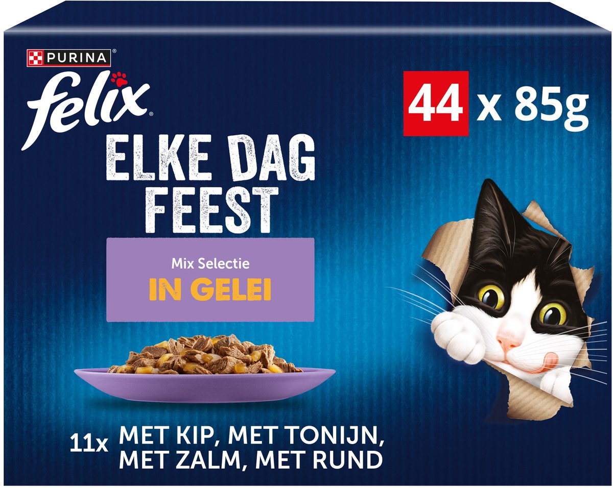 Felix Every Day Party in Jelly Mix Selection - Nourriture humide pour chat - Thon Saumon Bœuf Poulet - 44 x 85 g