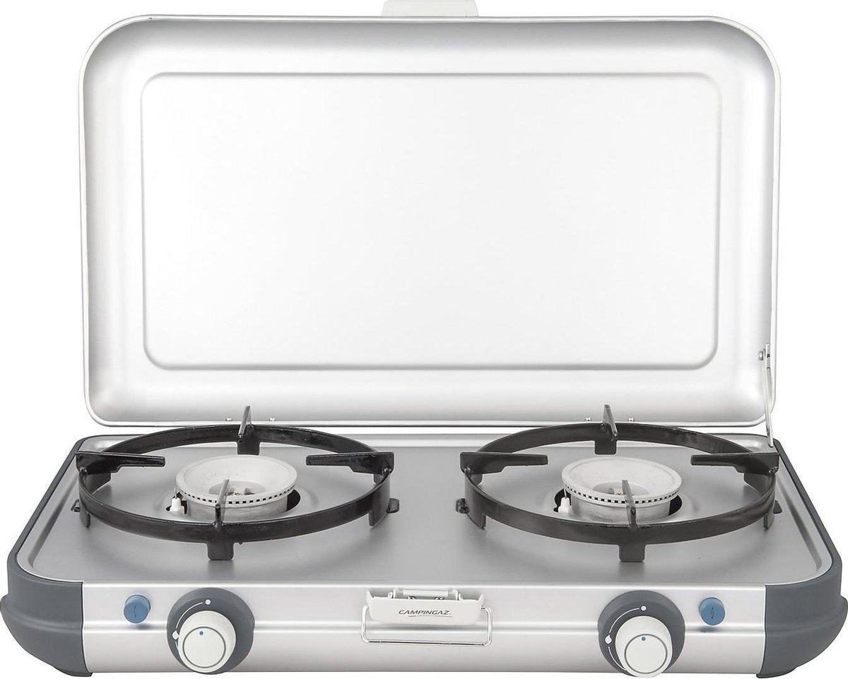 Campingaz camping kitchen 2 cv pz réchaud de camping - réchaud à gaz de camping 2 brûleurs - 2x 2000 watts - allumage piézo - fonctionne sur cartouche de gaz cv470+ - réchaud de camping léger 2 brûleurs - pour 2 casseroles de 24 cm - gris argenté