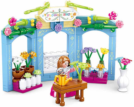 Sluban village periode bloemisterij bouwspeelgoed kinderen vanaf 6 jaar – constructiespeelgoed modelbouw bloemenwinkel – bouwdoos met 154 bouwstenen en 1 minifiguur – m38-b0905
