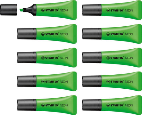 Stabilo néon - surligneur - forme tube unique - vert - boîte de 10 pièces