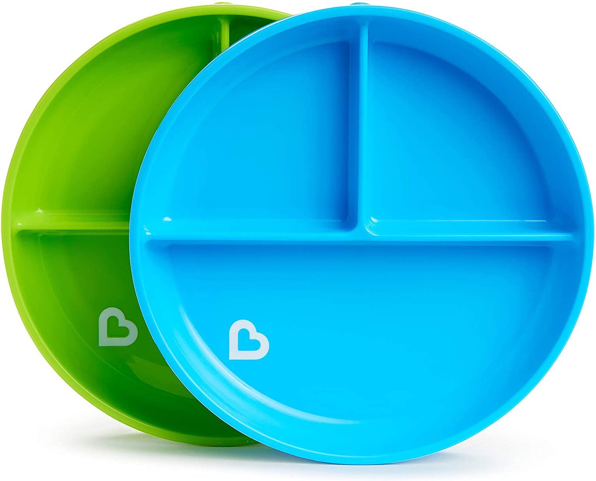 Assiettes Munchkin avec ventouse - antidérapantes - passent au lave-vaisselle et au micro-ondes - par 2 pièces - à partir de 6 mois - bleu vert