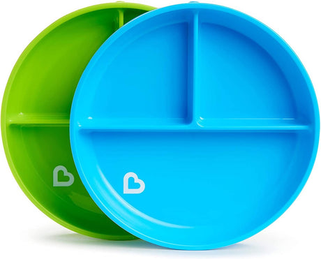 Assiettes Munchkin avec ventouse - antidérapantes - passent au lave-vaisselle et au micro-ondes - par 2 pièces - à partir de 6 mois - bleu vert