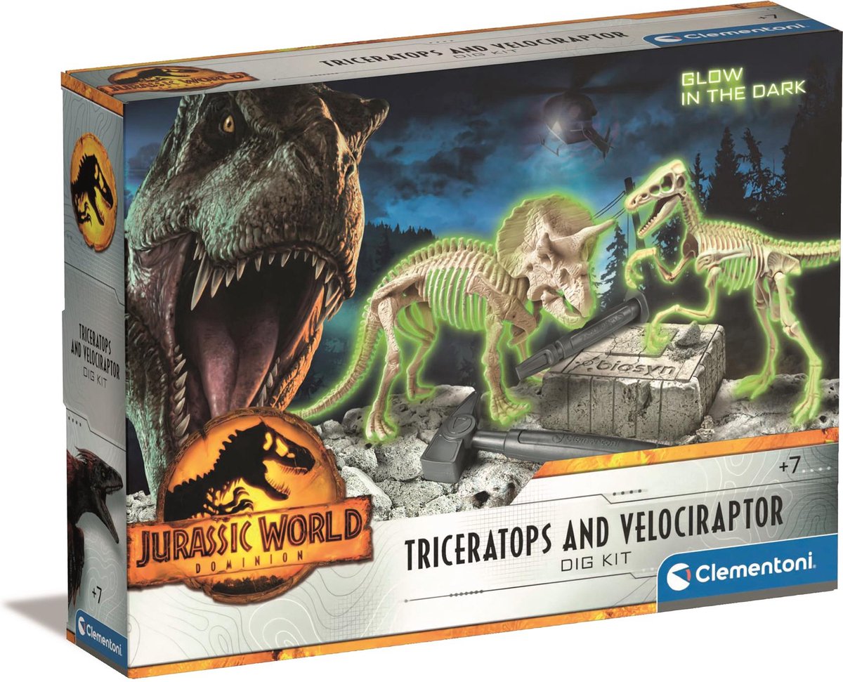 Jeu scientifique Clementoni, monde jurassique - 3, ensemble de dinosaures, tricératops et vélociraptor, 6 ans et plus, 19289