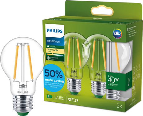 Philips led philips ultraefficient led lamp - 40w - e27 fitting - warmwit licht: 2700k - dimbaar - helder glas - a60 lampvorm - lange levensduur