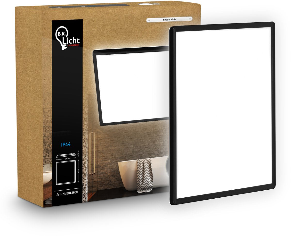 B.k.licht Shallow - Plafonnier LED pour salle de bain - Plafonnier à panneau - Éclairage de salle de bain avec lumière blanc neutre - ip44 - 42 x 42 cm - Noir