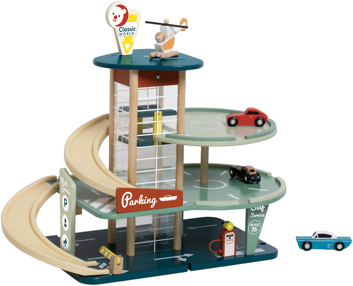 Garage vintage en bois du monde classique avec voitures, 11 pcs.