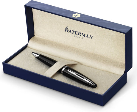 Stylo à bille Waterman Carène Mer Noire | noir brillant avec finition palladiée | pointe moyenne avec cartouche d'encre bleue | emballage cadeau