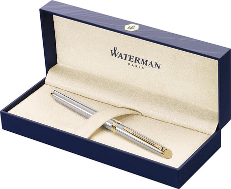 Stylo roller hémisphère Waterman | acier inoxydable avec bord en or 23 carats | point fin | encre noire | emballage cadeau
