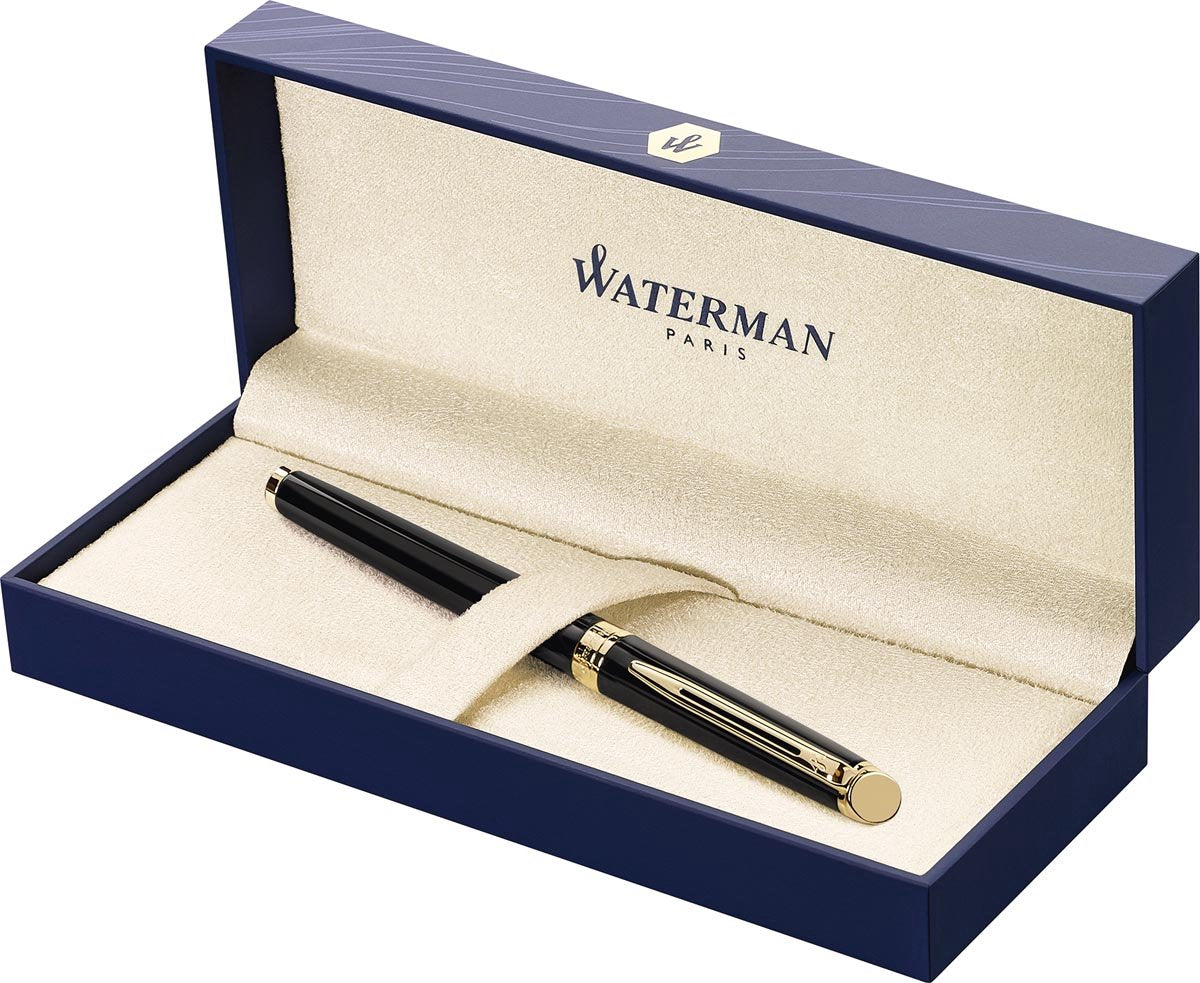 Stylo plume Waterman hémisphère | noir brillant avec bord en or 23 carats | plume fine | encre bleue | emballage cadeau