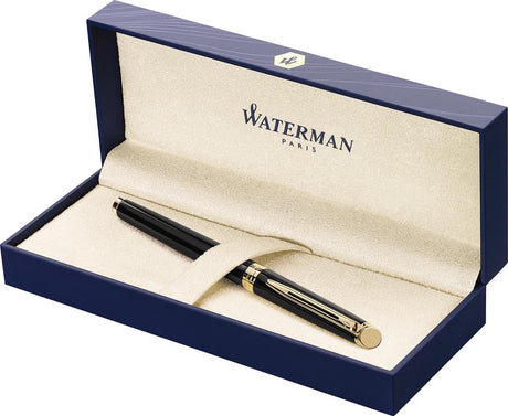 Stylo plume Waterman hémisphère | noir brillant avec bord en or 23 carats | plume fine | encre bleue | emballage cadeau
