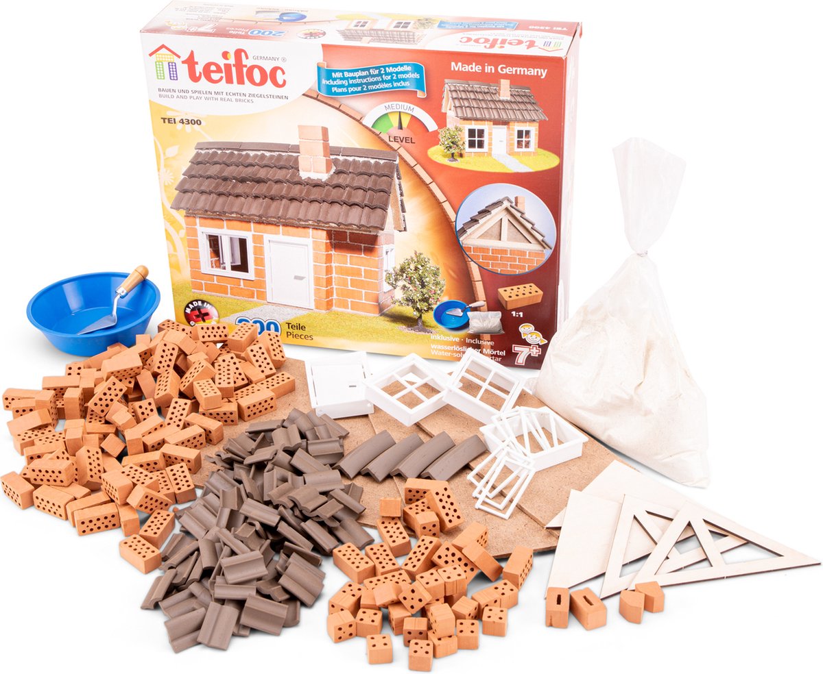 Kit de construction Teifoc ® - Maison à colombages - 200 pièces - Véritables mini briques avec ciment, bol et truelle - Kit de construction pour enfants à partir de 6 ans