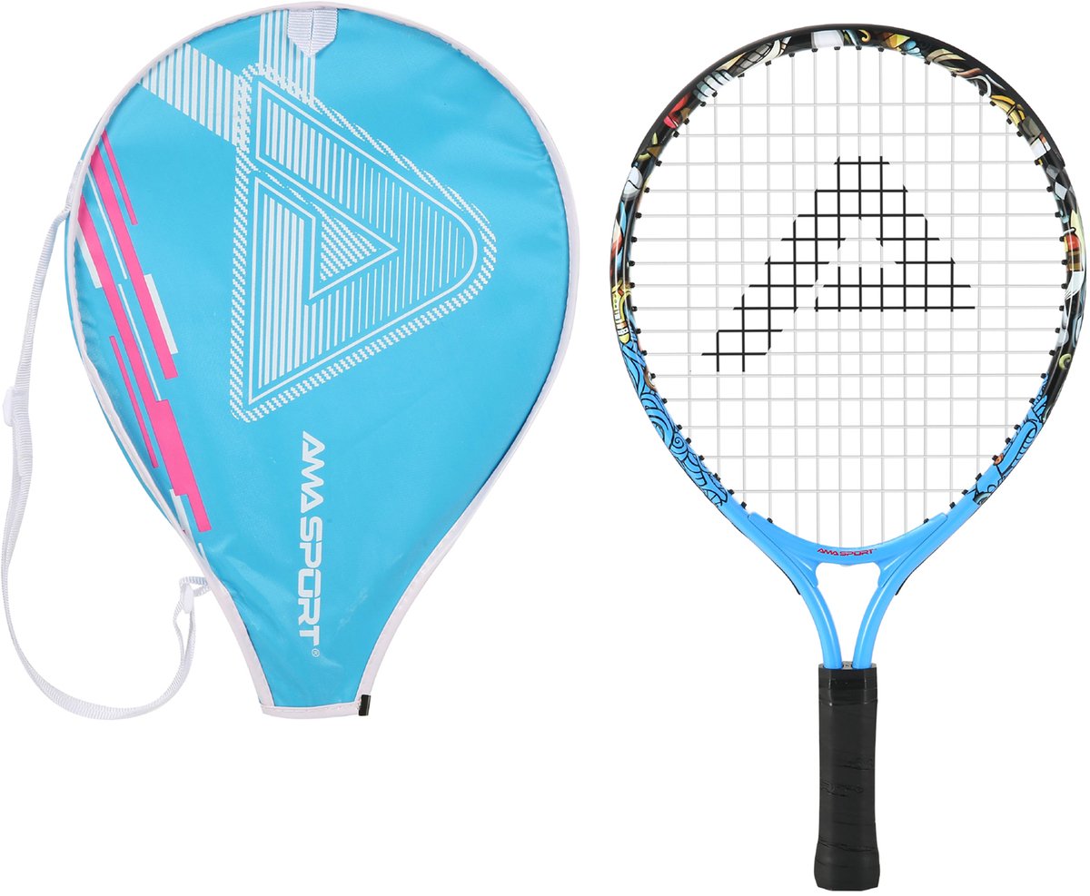 Ama sport raquette de tennis enfant graffiti bleu 21 pouces - raquette junior légère avec sac - idéale pour les débutants -