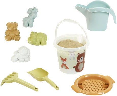 Klein Toys Little Foot Ensemble de sable du monde animal - seau à sable, tamis, pelle à main, râteau à main, arrosoir et moules du monde animal - plastique recyclé - multicolore