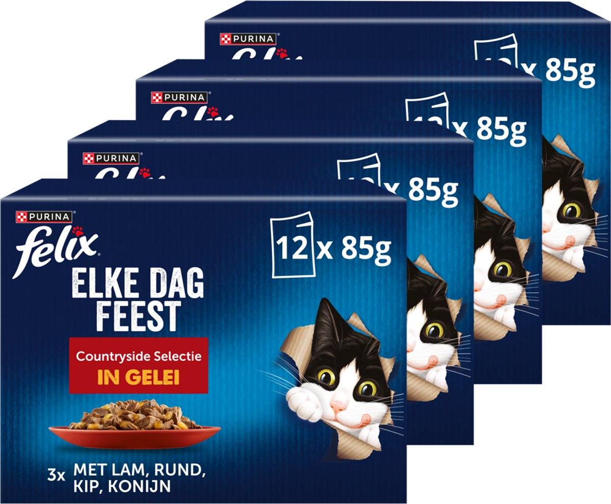 Felix Every Day Party in Jelly Selection - Nourriture humide pour chat - Agneau Poulet Bœuf Lapin - 48 x 85 g